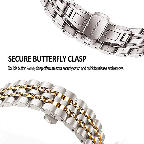 DEALELE Band Compatible with Samsung Gear S3 / Galaxy Watch 46mm / Galaxy Watch 3 45mm, 22mm 7-Rows Stainless Steel Metal Replacement Strap for Huawei Watch 3/3 Pro / GT3 46mm (Silver-Gold)