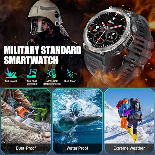 JELLOO Military Smart Watch for Men with LED Flashlight(Answer/Make Call) 3ATM Waterproof Rugged Tactical Smartwatch with 110+ Sports Mods Heart Rate/SpO2 1.45’’ HD Fitness Watch for iPhone Android