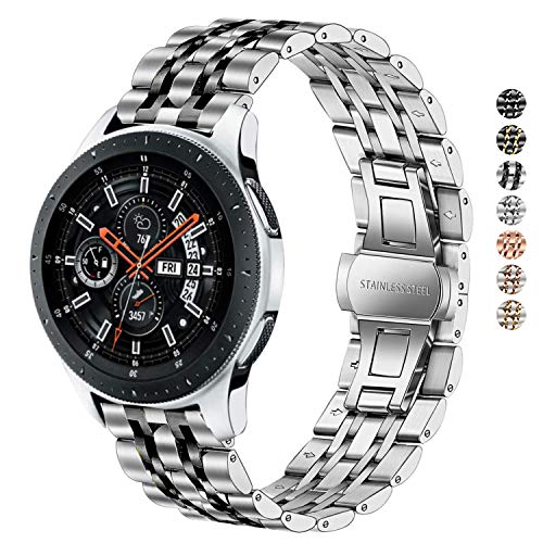 DEALELE Band Compatible with Samsung Gear S3 / Galaxy Watch 46mm / Galaxy Watch 3 45mm, 22mm 7-Rows Stainless Steel Metal Replacement Strap for Huawei Watch 3/3 Pro / GT3 46mm (Silver-Balck)