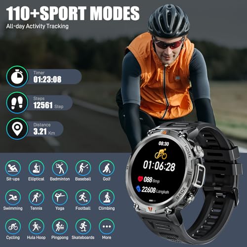 JELLOO Military Smart Watch for Men with LED Flashlight(Answer/Make Call) 3ATM Waterproof Rugged Tactical Smartwatch with 110+ Sports Mods Heart Rate/SpO2 1.45’’ HD Fitness Watch for iPhone Android