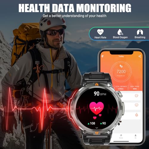 JELLOO Military Smart Watch for Men with LED Flashlight(Answer/Make Call) 3ATM Waterproof Rugged Tactical Smartwatch with 110+ Sports Mods Heart Rate/SpO2 1.45’’ HD Fitness Watch for iPhone Android
