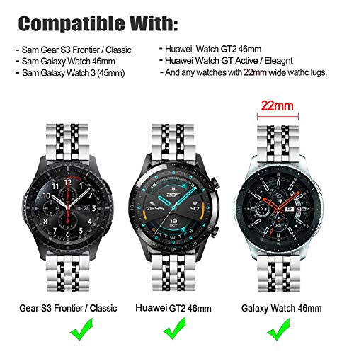DEALELE Band Compatible with Samsung Gear S3 / Galaxy Watch 46mm / Galaxy Watch 3 45mm, 22mm 7-Rows Stainless Steel Metal Replacement Strap for Huawei Watch 3/3 Pro / GT3 46mm (Silver-Balck)