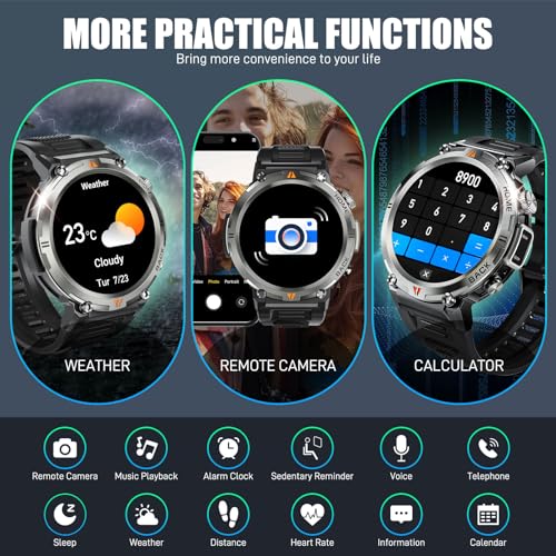 JELLOO Military Smart Watch for Men with LED Flashlight(Answer/Make Call) 3ATM Waterproof Rugged Tactical Smartwatch with 110+ Sports Mods Heart Rate/SpO2 1.45’’ HD Fitness Watch for iPhone Android