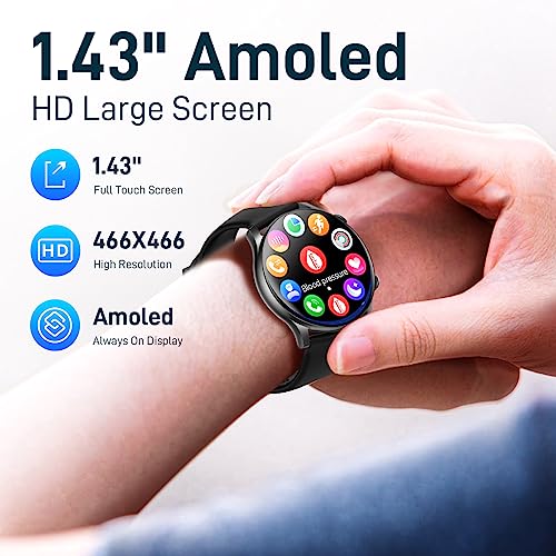 EIGIIS Smart Watches for Men Women 1.43” Big Screen AMOLED Always On Display Fitness Tracker with Heart Rate Sleep Monitor 100+ Sports Modes Full Touchscreen Smartwatch Compatible with iOS Android