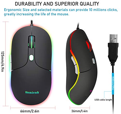 Wired Mouse, Mouse for Laptop with Easy Click for Office, Home, Gamer, 3200DPI, Programmable Buttons, USB LED Backlit Mice Wired Computer Mouse Compatible with Laptop, PC, Desktop, Black
