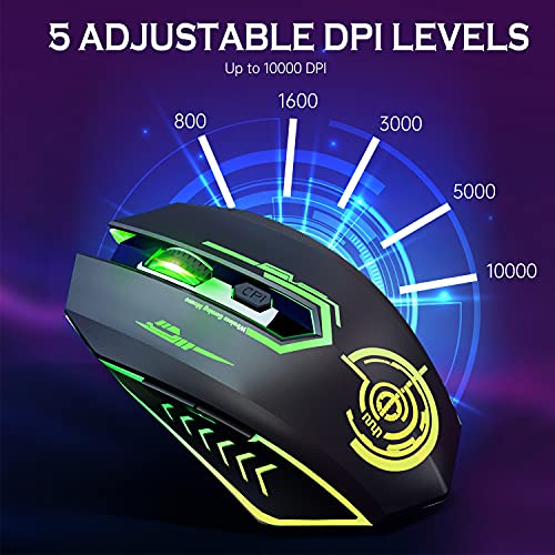 UHURU Wireless Gaming Mouse Up to 10000 DPI, Rechargeable USB Wireless Mouse with 6 Buttons 7 Dynamic LED Color Ergonomic Programmable MMO RPG for PC Laptop, Compatible with Windows Mac