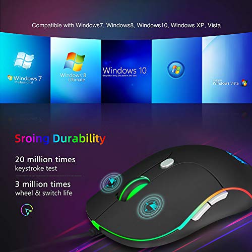Wired Mouse, Mouse for Laptop with Easy Click for Office, Home, Gamer, 3200DPI, Programmable Buttons, USB LED Backlit Mice Wired Computer Mouse Compatible with Laptop, PC, Desktop, Black