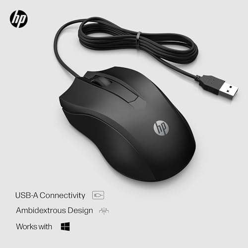 HP Wired Mouse 100 - Precise Optical Sensor with 1600 DPI - Easy USB Connection - Ambidextrous Design - 3 Button Control & Built-in Scrolling - Multi-OS Compatible (6VY96AA#ABL)