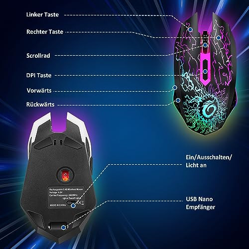 VersionTECH. Wireless Gaming Mouse, Rechargeable Computer Mouse Mice with Colorful LED Lights, Silent Click, 2.4G USB Nano Receiver, 3 Level DPI for PC Gamer Laptop Desktop Chromebook Mac-Black