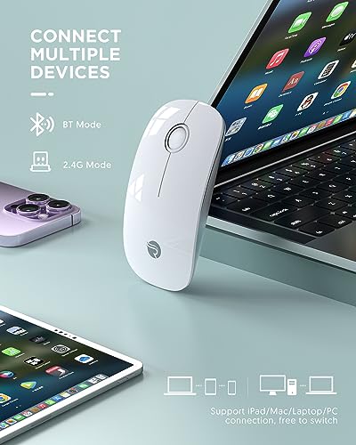 RAPIQUE Bluetooth Wireless Mouse - (BT5.1+USB) Slim Dual Mode Computer Mice with Quiet Click, Low Power, and 1600 DPI, Portable Cordless for MacBook, Laptop, iPad Pro/Air, Chromebook (White)