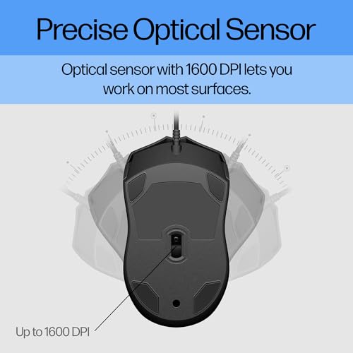 HP Wired Mouse 100 - Precise Optical Sensor with 1600 DPI - Easy USB Connection - Ambidextrous Design - 3 Button Control & Built-in Scrolling - Multi-OS Compatible (6VY96AA#ABL)