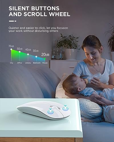 RAPIQUE Bluetooth Wireless Mouse - (BT5.1+USB) Slim Dual Mode Computer Mice with Quiet Click, Low Power, and 1600 DPI, Portable Cordless for MacBook, Laptop, iPad Pro/Air, Chromebook (White)