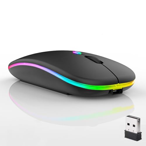 Guiheng Wireless Bluetooth Mouse,LED Dual Mode Rechargeable Silent Slim Laptop Mouse,Portable(BT5.2+USB Receiver) Dual Mode Computer Mice,for Laptop,Desktop Computer,ipad Tablet,Phone,Mac (Black)