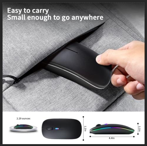KANMABPC Wireless Bluetooth Mouse, Rechargeable LED Dual Mode Mouse (Bluetooth 5.2 and USB Receiver) Portable Silent Mouse,for Laptop/Desktop/Tablet (Black)