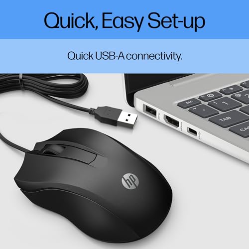 HP Wired Mouse 100 - Precise Optical Sensor with 1600 DPI - Easy USB Connection - Ambidextrous Design - 3 Button Control & Built-in Scrolling - Multi-OS Compatible (6VY96AA#ABL)