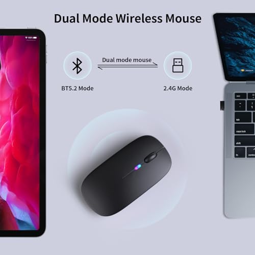 KANMABPC Wireless Bluetooth Mouse, Rechargeable LED Dual Mode Mouse (Bluetooth 5.2 and USB Receiver) Portable Silent Mouse,for Laptop/Desktop/Tablet (Black)