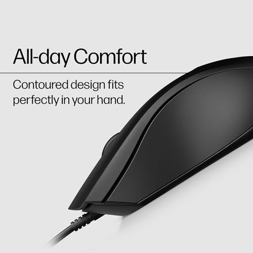 HP Wired Mouse 100 - Precise Optical Sensor with 1600 DPI - Easy USB Connection - Ambidextrous Design - 3 Button Control & Built-in Scrolling - Multi-OS Compatible (6VY96AA#ABL)
