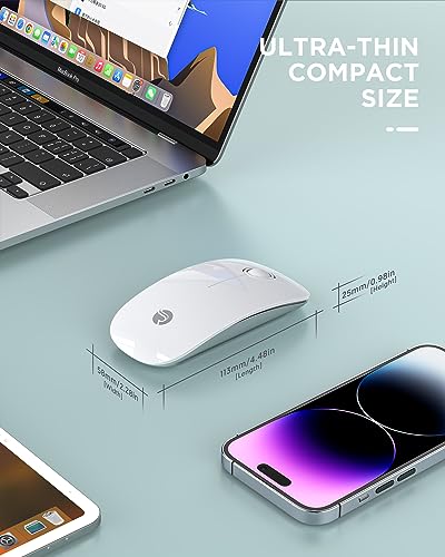 RAPIQUE Bluetooth Wireless Mouse - (BT5.1+USB) Slim Dual Mode Computer Mice with Quiet Click, Low Power, and 1600 DPI, Portable Cordless for MacBook, Laptop, iPad Pro/Air, Chromebook (White)
