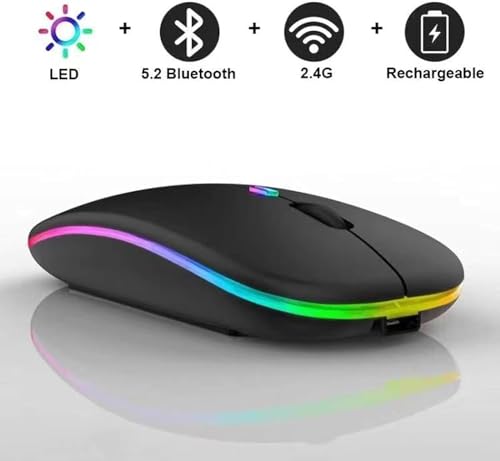 Guiheng Wireless Bluetooth Mouse,LED Dual Mode Rechargeable Silent Slim Laptop Mouse,Portable(BT5.2+USB Receiver) Dual Mode Computer Mice,for Laptop,Desktop Computer,ipad Tablet,Phone,Mac (Black)