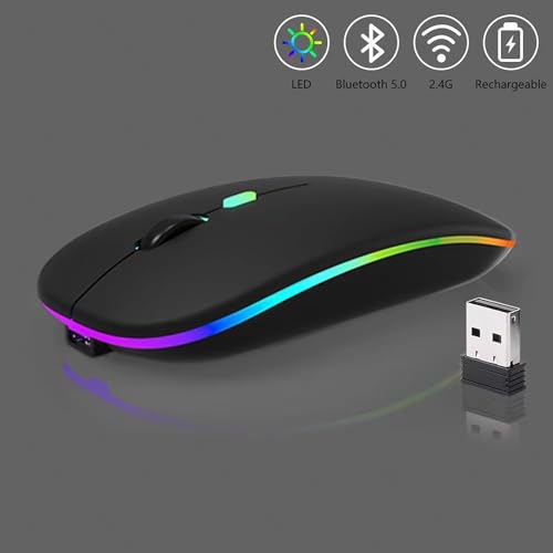 Guiheng Wireless Bluetooth Mouse,LED Dual Mode Rechargeable Silent Slim Laptop Mouse,Portable(BT5.2+USB Receiver) Dual Mode Computer Mice,for Laptop,Desktop Computer,ipad Tablet,Phone,Mac (Black)