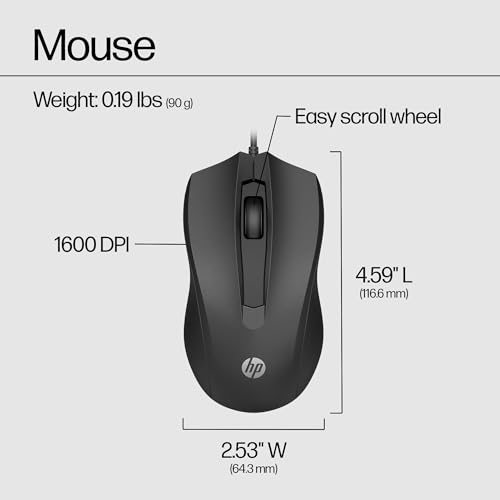 HP Wired Mouse 100 - Precise Optical Sensor with 1600 DPI - Easy USB Connection - Ambidextrous Design - 3 Button Control & Built-in Scrolling - Multi-OS Compatible (6VY96AA#ABL)