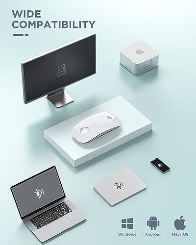 RAPIQUE Bluetooth Wireless Mouse - (BT5.1+USB) Slim Dual Mode Computer Mice with Quiet Click, Low Power, and 1600 DPI, Portable Cordless for MacBook, Laptop, iPad Pro/Air, Chromebook (White)