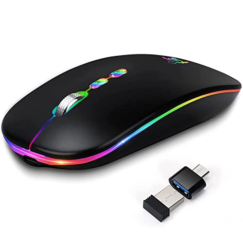 HOTLIFE LED Wireless Mouse, Slim Rechargeable Silent Portable USB Optical 2.4G Wireless Bluetooth Two Mode Computer Mice with USB Receiver and Type C Adapter (Black)