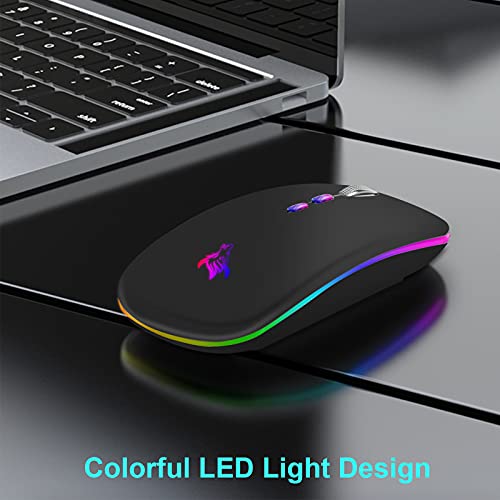 HOTLIFE LED Wireless Mouse, Slim Rechargeable Silent Portable USB Optical 2.4G Wireless Bluetooth Two Mode Computer Mice with USB Receiver and Type C Adapter (Black)