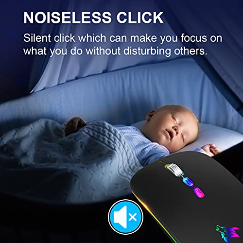 HOTLIFE LED Wireless Mouse, Slim Rechargeable Silent Portable USB Optical 2.4G Wireless Bluetooth Two Mode Computer Mice with USB Receiver and Type C Adapter (Black)