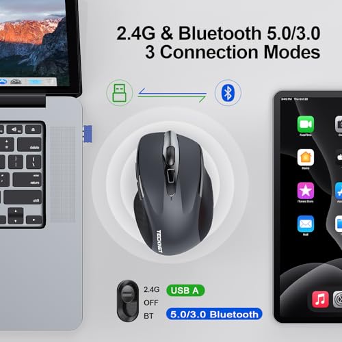TECKNET Wireless Mouse (BT5.0/3.0 & 2.4G) Rechargeable 4800 DPI Silent Mouse 8 Buttons Bluetooth Mouse, USB A Mouse Wide Compatibility - Grey