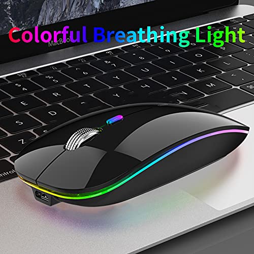 Uiosmuph LED Wireless Silent Mouse, G12 Slim Rechargeable, 2.4G Portable Optical Computer Mice with USB Receiver and Type C Adapter (Black)