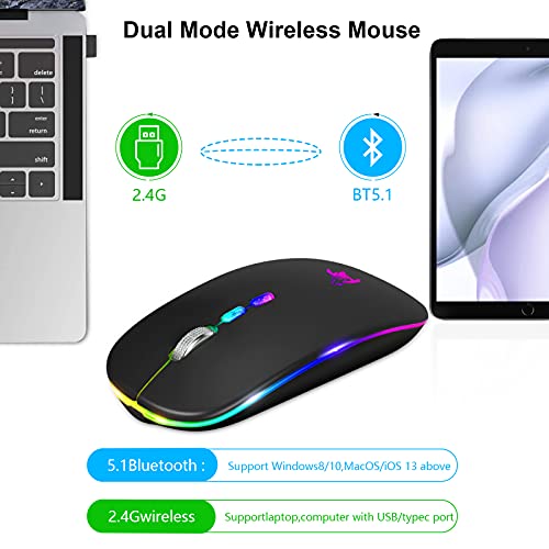 HOTLIFE LED Wireless Mouse, Slim Rechargeable Silent Portable USB Optical 2.4G Wireless Bluetooth Two Mode Computer Mice with USB Receiver and Type C Adapter (Black)