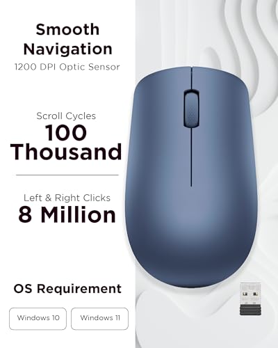 Lenovo 530 Wireless Mouse with Battery, 2.4GHz Nano USB, 1200 DPI Optical Sensor, Ergonomic for Left or Right Hand, Lightweight, GY50Z18986, Abyss Blue
