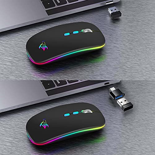 HOTLIFE LED Wireless Mouse, Slim Rechargeable Silent Portable USB Optical 2.4G Wireless Bluetooth Two Mode Computer Mice with USB Receiver and Type C Adapter (Black)