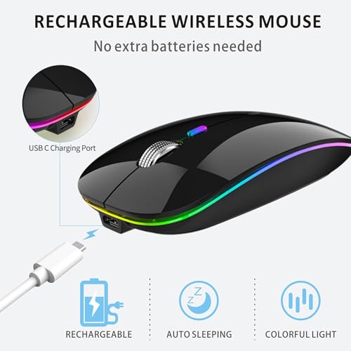 Uiosmuph LED Wireless Silent Mouse, G12 Slim Rechargeable, 2.4G Portable Optical Computer Mice with USB Receiver and Type C Adapter (Black)
