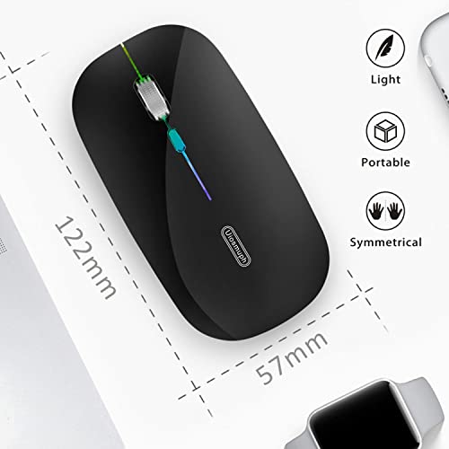 Uiosmuph LED Wireless Silent Mouse, G12 Slim Rechargeable, 2.4G Portable Optical Computer Mice with USB Receiver and Type C Adapter (Black)