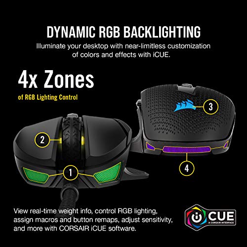 CORSAIR NIGHTSWORD RGB Gaming Mouse For FPS, MOBA - 18,000 DPI - 10 Programmable Buttons - Weight System - iCUE Compatible - Black