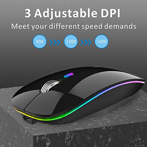 Uiosmuph LED Wireless Silent Mouse, G12 Slim Rechargeable, 2.4G Portable Optical Computer Mice with USB Receiver and Type C Adapter (Black)