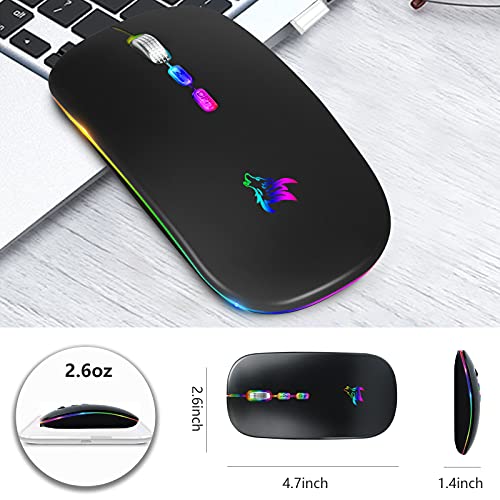HOTLIFE LED Wireless Mouse, Slim Rechargeable Silent Portable USB Optical 2.4G Wireless Bluetooth Two Mode Computer Mice with USB Receiver and Type C Adapter (Black)