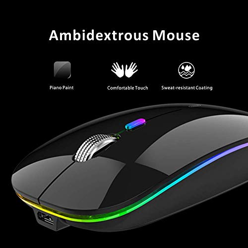 Uiosmuph LED Wireless Silent Mouse, G12 Slim Rechargeable, 2.4G Portable Optical Computer Mice with USB Receiver and Type C Adapter (Black)