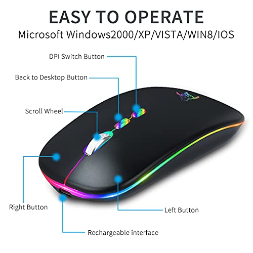 HOTLIFE LED Wireless Mouse, Slim Rechargeable Silent Portable USB Optical 2.4G Wireless Bluetooth Two Mode Computer Mice with USB Receiver and Type C Adapter (Black)