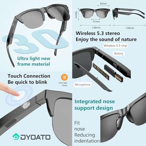 DYOATO Bluetooth Smart Glasses with Speakers & Mic