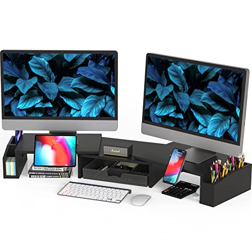 Dual Monitor Stand Riser with Drawer - Black