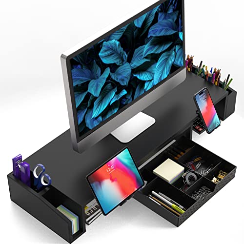 Dual Monitor Stand Riser with Drawer - Black