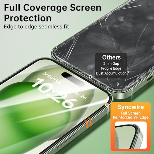 SYNCWIRE iPhone 15 Full Coverage Screen Protector Pack
