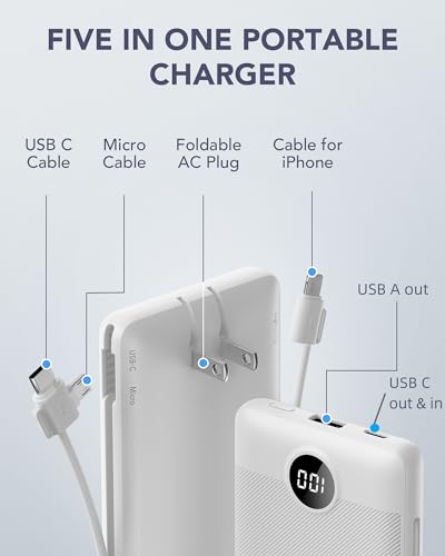 VRURC 10000mAh Portable Charger with Built-in Cables