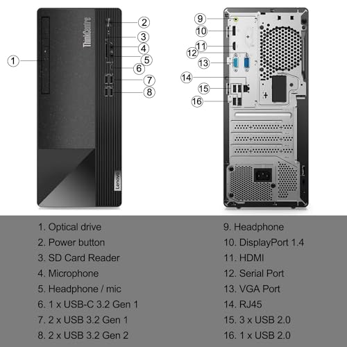 Lenovo ThinkCentre 50t Tower Desktop, 12th Gen Intel 4-Core Processor (Beats Core i7-9700), 16GB RAM, 512GB SSD + 1TB HDD, HDMI Support 2-Monitor 4K, DVD-RW, Wired K&M, Wi-Fi 5, Windows 11 Pro, Black