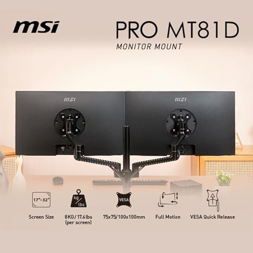 MSI PRO MT81D - Premium Aluminum Dual Monitor Stand Arms, Supports 17-32" & 17.6 lbs per Screen, VESA Compatible, Adjustable Desk Mount, Clamp & Grommet Base, Quick Release Plate - Black