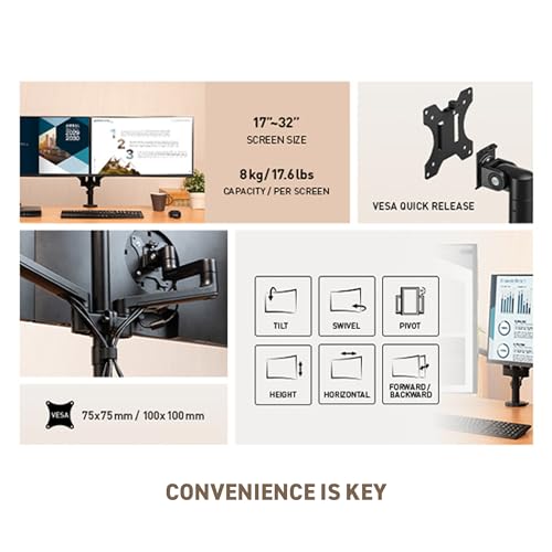 MSI PRO MT81D - Premium Aluminum Dual Monitor Stand Arms, Supports 17-32" & 17.6 lbs per Screen, VESA Compatible, Adjustable Desk Mount, Clamp & Grommet Base, Quick Release Plate - Black