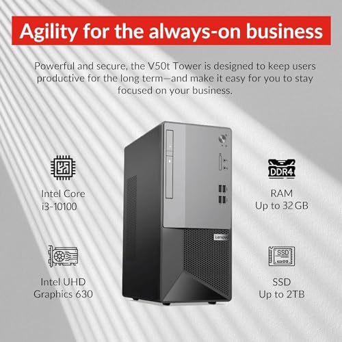 Lenovo V50t Gen 2 Business Desktop, Intel Quad-Core Processor, 4K 3-Monitor Support, DisplayPort, HDMI, VGA, Ethernet, DVD-RW, Wi-Fi, Bluetooth, Windows 11 Pro (32GB RAM | 256GB SSD + 1TB HDD), Black